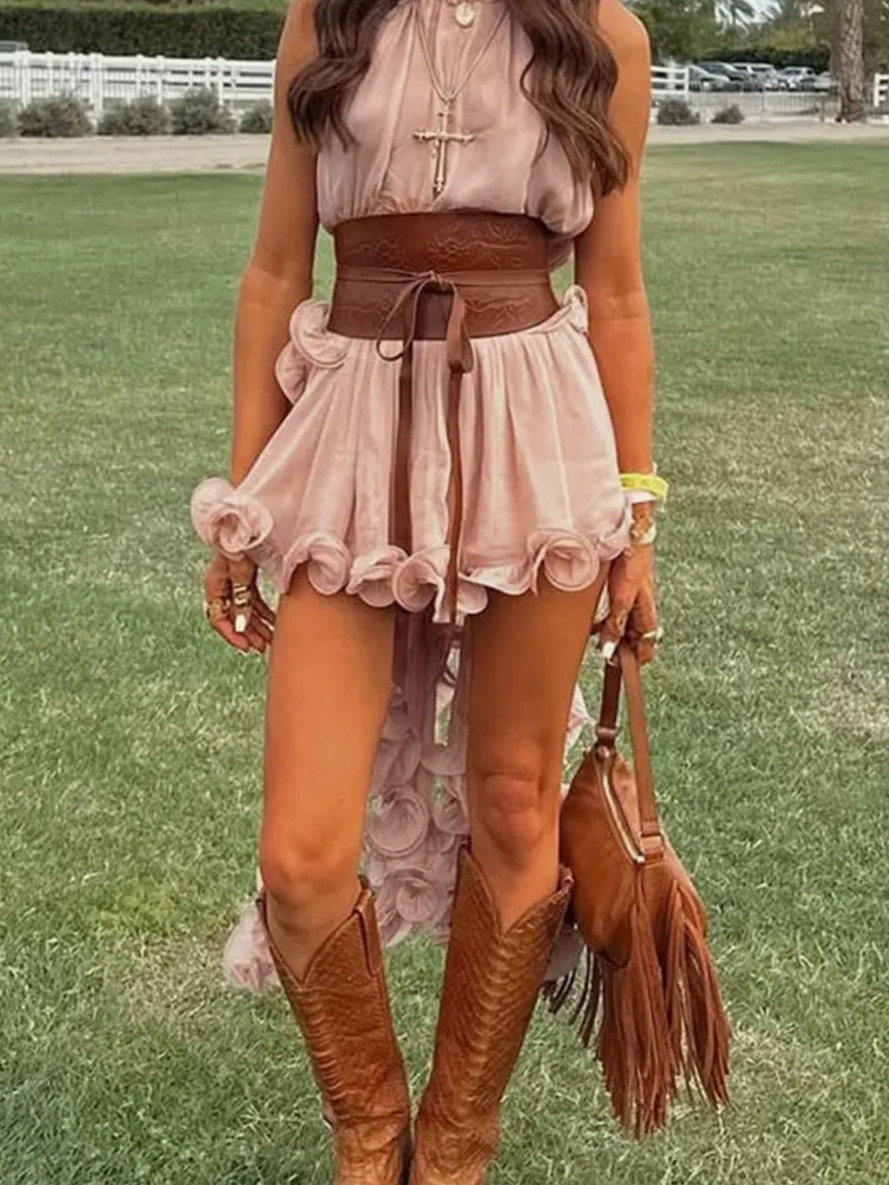 Blush Pink High-Low Ruffle Mini Dress (Brown Waist Belt not included)